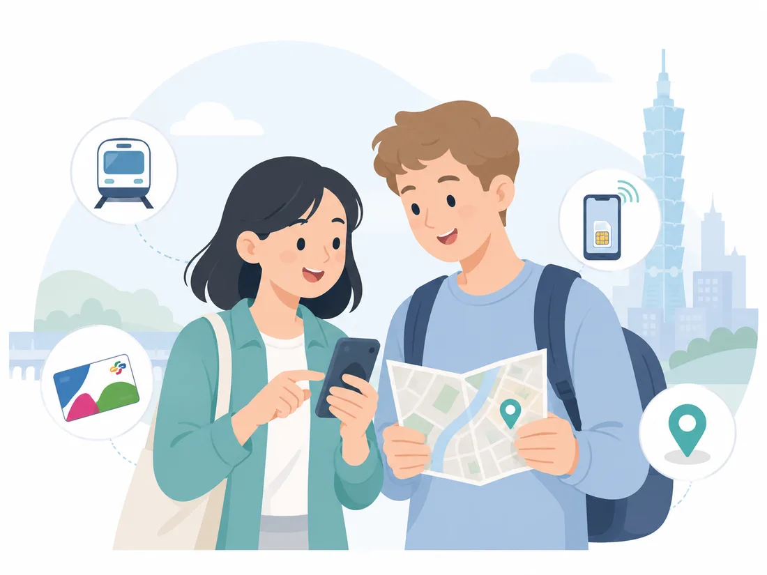 Two people checking a phone and a map in Taiwan